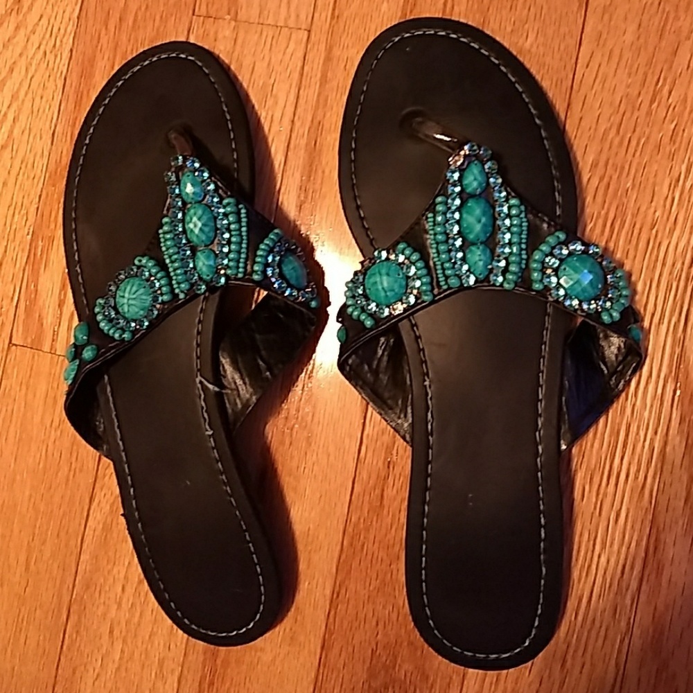 Turquoise Beaded Sandals or Flip Flops